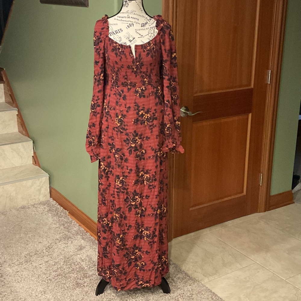 Free People Red Floral Long Sleeve Dress NWT, Size L